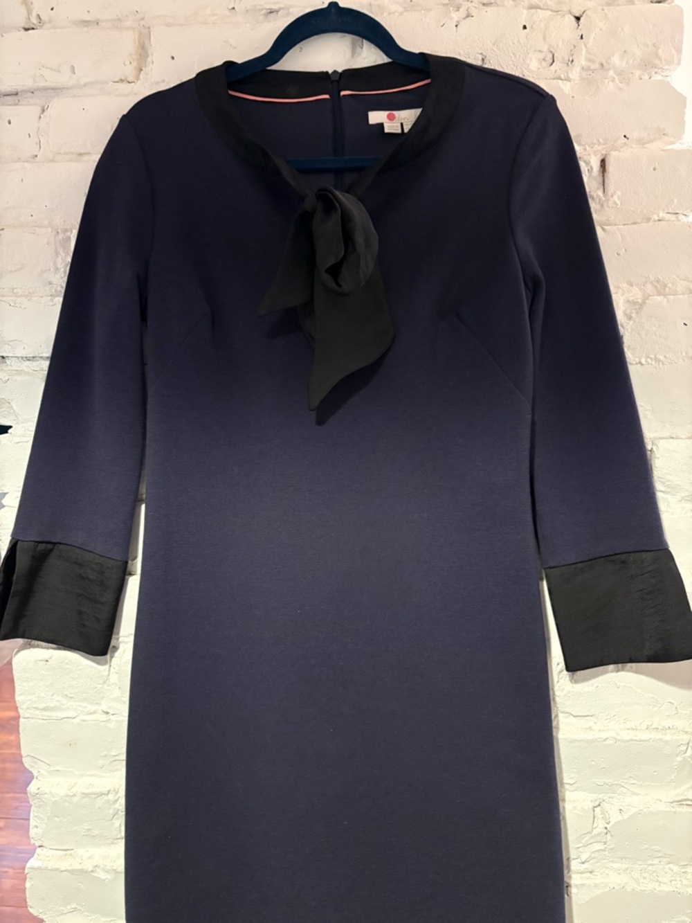 Boden Navy Dress with Black Tie-Neck and Cuff Trim